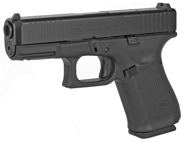 Picture of Glock  G19 Gen5 Mos 9Mm Luger 4.02" 15+1 Black Black Ndlc Steel With Front Serrations & Mos Cuts Slide Black Interchangeable Backstrap Grip Fixed Sights UA195S203MOS 764503049941