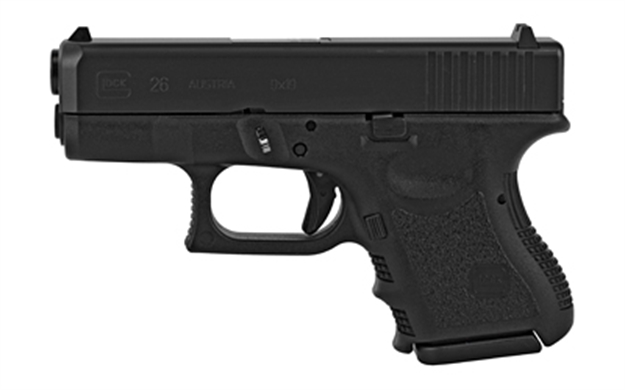 Picture of  Glock Pi2650201 G26 Gen3  *Ca Compliant Sub-Compact 9Mm Luger 10+1 3.43" Black Polygonal Rifled Barrel, Matte Black Serrated Slide, Black Polymer Frame, Black Textured Finger Grooved Polymer Grip 764503265020