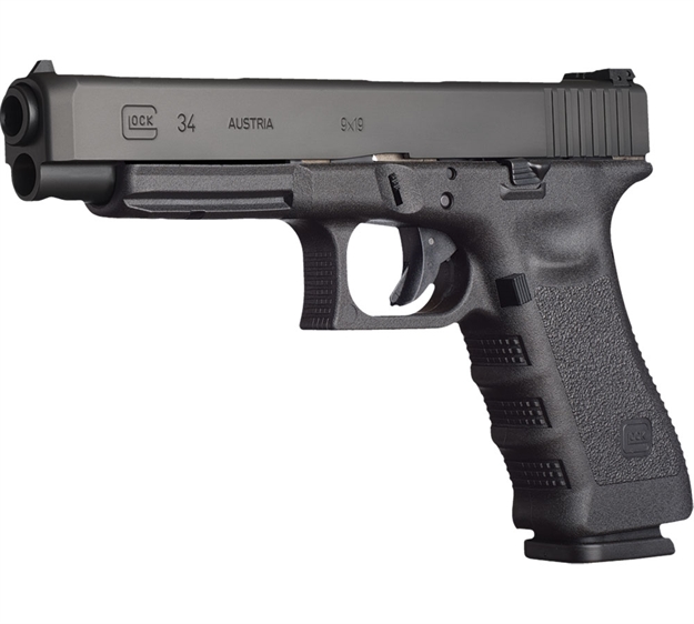 Picture of  Glock Pi3430101 G34 Gen3 Competition *Ca Compliant 9Mm Luger  5.31" Barrel 10+1,  Black Frame & Slide, Finger Grooved Rough Texture Grip, Adjustable Sights, Safe Action Trigger 764503343018