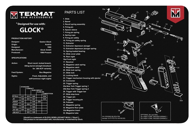 Picture of Tekmat Tekr17glock Glock Cleaning Mat Black/White Rubber 11"X17" Glock Parts Diagram R17-GLOCK