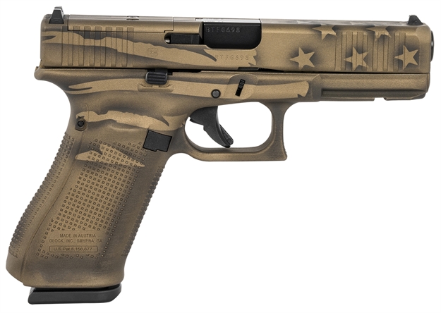 Picture of  Glock Pa225s204mos G22 Gen5 Mos 40 S&W 4.49" 15+1 Overall Black/Coyote Battle Worn Flag Cerakote Steel With Front Serrations & Mos Cuts Slide Rough Textured Interchangeable Backstraps Grip