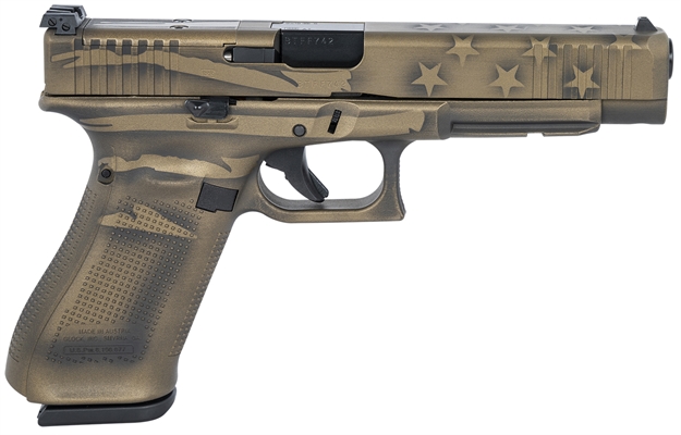 Picture of Glock Pa343s104mos G34 Gen5 Mos 9Mm Luger 5.31" 17+1 Black/Coyote Battle Worn Flag Cerakote Black/Coyote Battle Worn Flag Rough Texture Interchangeable Backstraps Grip