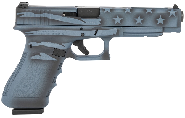 Picture of Glock Pi3430104-Btflag G34 Gen3 9Mm Luger 5.31" 17+1 Overall Blue Titanium Flag Cerakote Polymer Frame Steel Slide With Rough Textured Interchangeable Backstraps Grip Right Hand