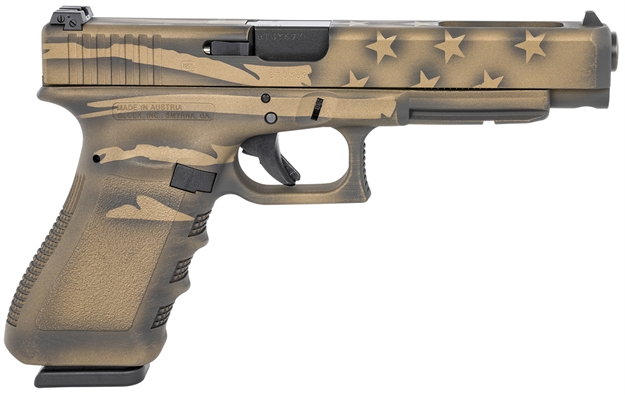 Picture of Glock Pi3530104-Bbbwflag G35 Gen5 40 S&W 5.31" 15+1 Overall Black/Coyote Battle Worn Flag Cerakote Steel With Front Serrations Slide Rough Textured Interchangeable Backstraps Grip Adj Sights