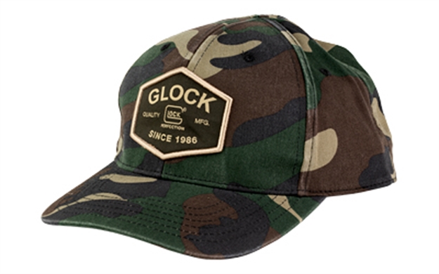 Picture of  Glock Ap95880 Quadcam  Camo Snapback Hat, Lightly Distressed Woodland Camo, Woven Glock Patch