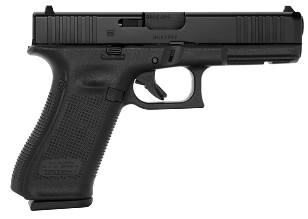 Picture of Glock  G17 Gen5 Mos 9Mm Luger 4.49" 17+1 Black Black Ndlc Steel With Front Serrations & Mos Cuts Black Rough Texture Interchangeable Backstraps Grip Fixed Sights