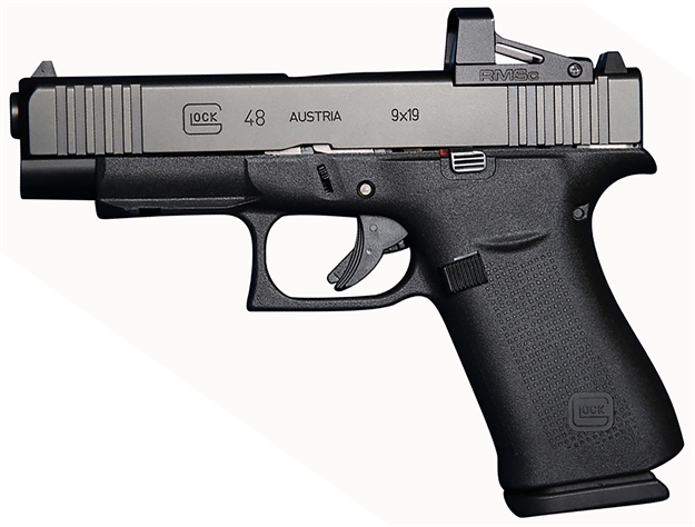 Picture of Glock  G48 Mos Compact 9Mm Luger 4.17" 10+1 Black Black Ndlc Steel With Front Serrations & Mos Cuts Black Rough Texture Interchangeable Backstraps Grip Fixed Sights