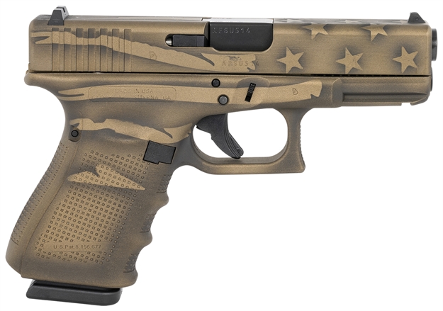 Picture of Glock Ug1950204-Bbbwflag G19 Gen4 Compact 9Mm Luger 4.02" 15+1 Overall Black/Coyote Battle Worn Flag Cerakote Interchangeable Backstrap Grip