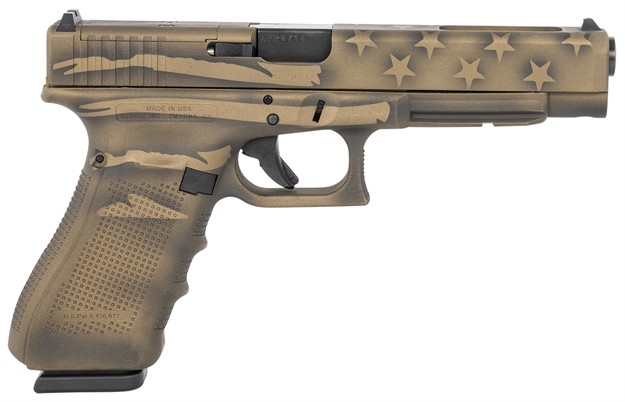 Picture of Glock Ug3530104mos G35 Gen5 Mos 40 S&W 5.31" 15+1 Overall Black/Coyote Battle Worn Flag Cerakote Steel With Front Serrations & Mos Cuts Slide Rough Textured Interchangeable Backstraps Grip