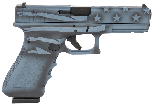 Picture of Glock Ui1750204-Btflag G17 Gen3 U.S. 9Mm Luger 4.49" 17+1 Overall Blue Titanium Flag Cerakote Polymer Frame Steel Slide With Front Serrations Rough Textured Interchangeable Backstraps Grip Right Hand