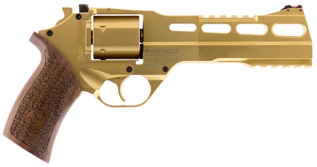 Picture of Chiappa Firearms 340225 Rhino 60Ds Medium Frame 357 Mag 6 Shot, 6" Gold Plated Pvd Steel Vent Rib Barrel & Cylinder, Gold Plated Pvd Aluminum Frame,  Walnut Grip, Concealed Hammer 340.225
