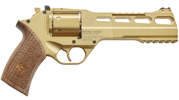 Picture of Chiappa Firearms 340225 Rhino 60Ds Medium Frame 357 Mag 6 Shot, 6" Gold Plated Pvd Steel Vent Rib Barrel & Cylinder, Gold Plated Pvd Aluminum Frame,  Walnut Grip, Concealed Hammer 340.225 053670712201
