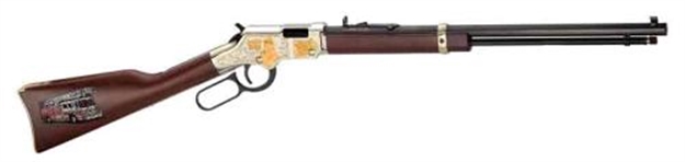 Picture of  Henry H004fm Golden Boy Firefighter Tribute 22 Short, 22 Long OR 22 LR Caliber With 16 Lr/21 Short Capacity, 20" Blued Barrel, Nickel-Plated Metal Finish & American Walnut Stock Right Hand (Full Size)