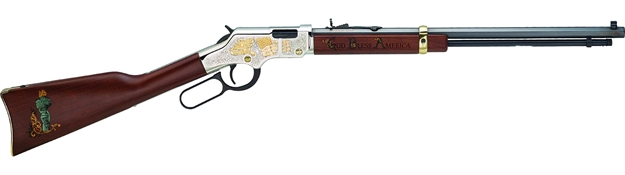 Picture of  Henry H004gba Golden Boy God Bless America Edition 22 Short, 22 Long OR 22 LR Caliber With 16 Lr/21 Short Capacity, 20" Blued Barrel, Nickel-Plated Metal Finish & American Walnut Stock Right Hand (Ful