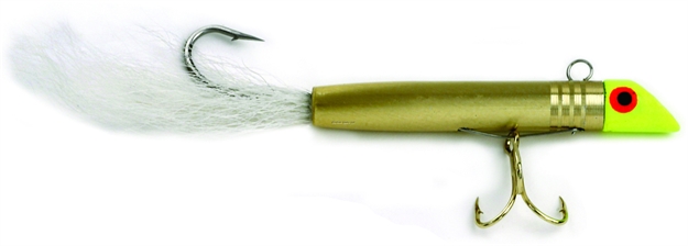 Picture of Got-Cha 400 Series Plug, 2 1/2", 7/8 Oz, #4 Treble & 2/0 Sgl Tail Hook, Yellow Gold Body/White Tail/Gold Hook