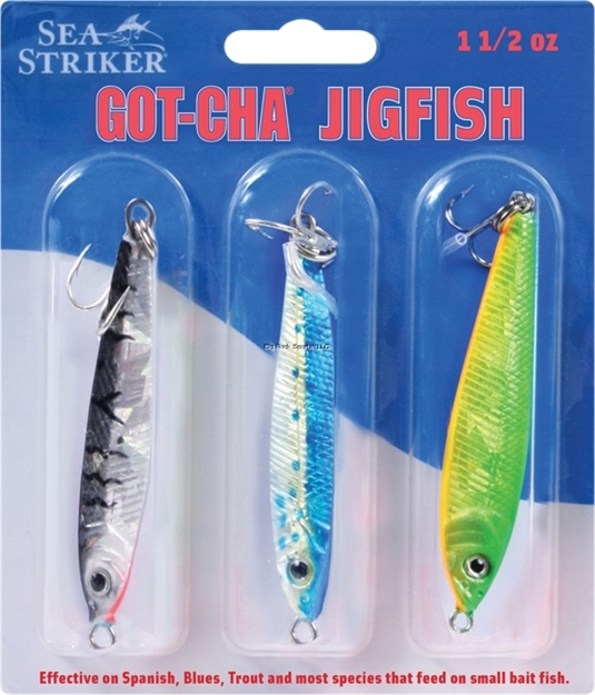 Picture of Got-Cha Jigfish Lure, 3", 1 1/2 Oz, SZ 4 Treble Hook, 3 Per Pack, Includes Jf15-Bts, Jf15-Bys, Jf15-Gco