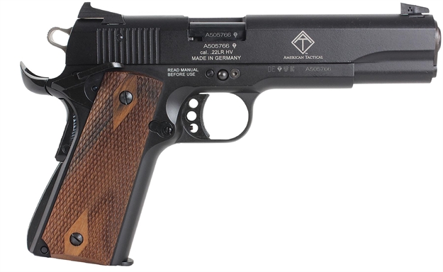 Picture of Gsg Gsg2210m1911ca 1911 *Ca Compliant 22 LR 10+1 5" All Black Anodized Steel Barrel, Serrated Slide, Zinc Alloy W/Beavertail Frame, Double Diamond Walnut Grip GERG2210M1911CA
