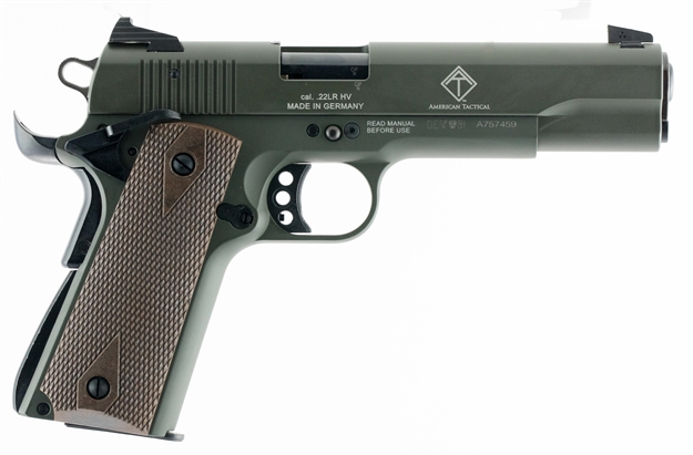 Picture of Gsg Gsg2210m1911g 1911  22 LR 10+1 5" Threaded Barrel, OD Green Serrated Slide, OD Green Zinc Alloy W/Beavertail Frame, Double Diamond Walnut Grip GERG2210M1911G
