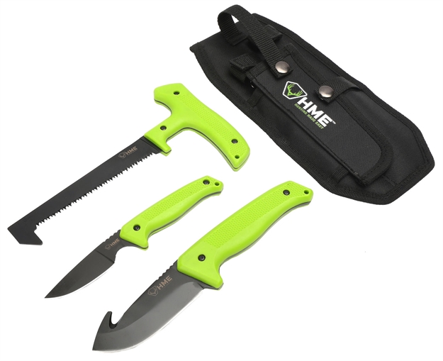 Picture of Hme Kn3pfk 3-Piece Field Kit Fixed 420Hc Stainless Steel Black Oxide Thermoplastic Rubber Green 9.50" Gut Hook/8.75" Saw/7.50" Caper HMEKN3PFK 888151018545
