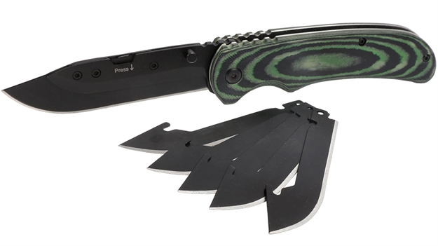 Picture of Hme Knssk Scalpel Knife W/Replacement Blades Folding Skinner Plain Black Oxide Black/Green Micarta Handle Includes 5 Replacement Blades 6 Blades HMEKNSSK 888151018569