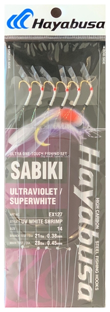 Picture of Hayabusa UV White Shrimp Sabiki Size: 14, 6-Hooks, Main 28Lb And Branch 21Lb Test Line