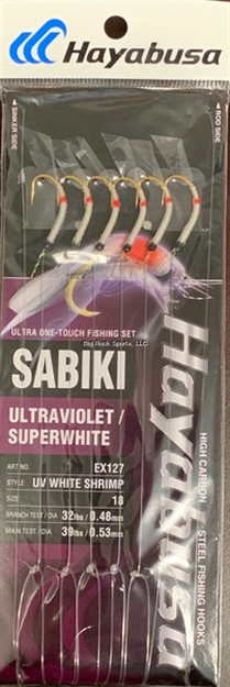 Picture of Hayabusa UV White Shrimp Sabiki Size: 18, 6-Hooks, Main 39Lb And Branch 32Lb Test Line