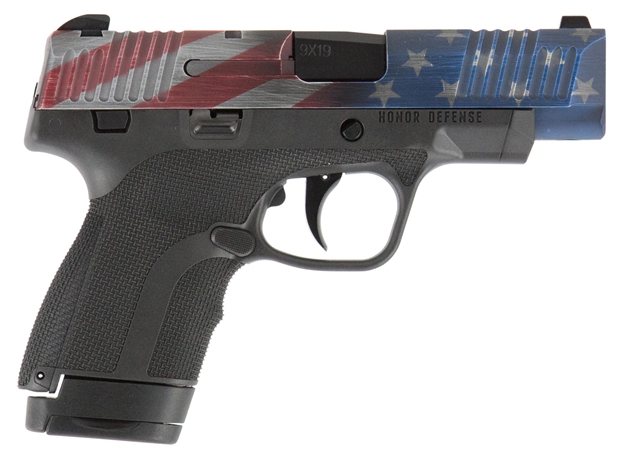 Picture of Honor Defense Hg9cleusagrp Honor Guard Sub-Compact 
9Mm Luger Double 3.2" 7+1/8+1 Black Interchangeable Backstrap Grip American Flag Cerakote Slide