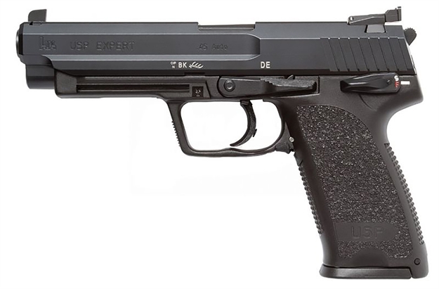 Picture of  Heckler & Koch 81000364 Usp Expert V1 Sa/Da 45 Acp Caliber With 5.19" Barrel, 12+1 Capacity, Overall Black Finish, Serrated Trigger Guard Frame, Serrated Long Steel Slide & Polymer Grip Includes 2 Mags