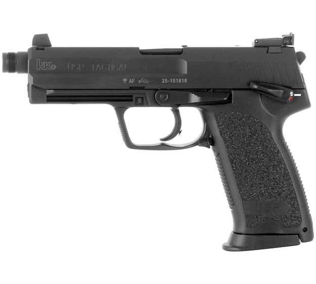 Picture of Heckler & Koch 81000348 Usp Tactical V1 Full Size Frame 9Mm Luger 15+1, 4.86" Black Steel Threaded Barrel, Black Serrated Steel Slide, Black Polymer Frame W/Accessory Rail, Black Polymer Grip, Right Hand 709001TLE-A5 642230252035