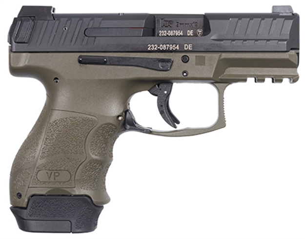 Picture of  Heckler & Koch 81000814 Vp9sk Subcompact 9Mm Luger 12+1/15+1 3.39" Serrated Slide, Green Polymer Frame W/Picatinny Rail, Black Finger Grooved W/Interchangeable Backstrap Grips Ambidextrous 642230265493
