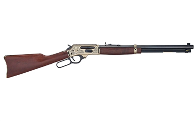 Picture of  Henry H009bgwl Wildlife  30-30 Win 5+1 20" Blued Octagon, Polished Brass Engraved Rec, American Walnut Furniture, Adj. Brass Buckhorn Sight