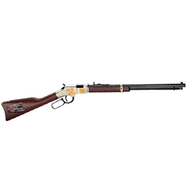 Picture of  Henry H004fm Golden Boy Firefighter Tribute 22 Short, 22 Long OR 22 LR Caliber With 16 Lr/21 Short Capacity, 20" Blued Barrel, Nickel-Plated Metal Finish & American Walnut Stock Right Hand (Full Size)