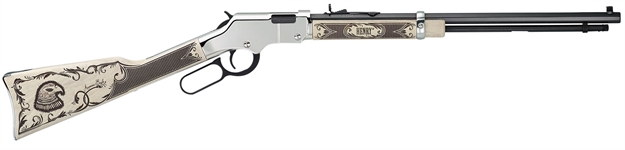 Picture of  Henry H004ae Golden Boy Silver American Eagle Full Size 22 Short, 22 Long, 22 Lr, 16 Lr/21 Short, 20" Blued Barrel, Nickel-Plated Metal Finish & Ivory American Walnut Stock Right Hand 619835016249