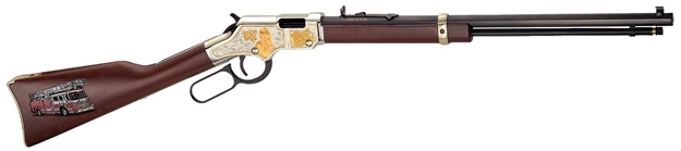 Picture of  Henry H004fm Golden Boy Firefighter Tribute 22 Short, 22 Long OR 22 LR Caliber With 16 Lr/21 Short Capacity, 20" Blued Barrel, Nickel-Plated Metal Finish & American Walnut Stock Right Hand (Full Size) 619835016171