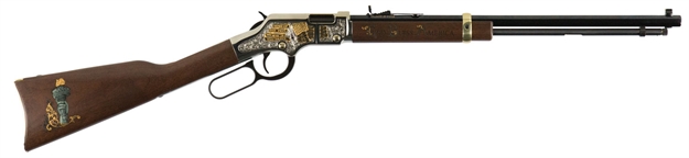 Picture of  Henry H004gba Golden Boy God Bless America Edition 22 Short Caliber With 16 Lr/21 Short Capacity, 20" Octagon Barrel, Nickel-Plated Metal Finish & American Walnut Stock Right Hand 619835016577