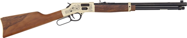 Picture of  Henry H006gcd Deluxe Side Gate  Full Size 45 Colt (Long Colt) 10+1 20" Blued Octagon Barrel, Polished Brass Engraved Receiver, Drilled & Tapped, Fixed American Walnut Stock Ambidextrous 619835060846