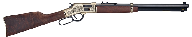 Picture of  Henry H006gd Side Gate Deluxe 44 Mag/44 Special 10+1 20" Blued Octagon Barrel, Engraved Polished Brass Rec, Semi-Fancy American Walnut Stock, Adj. Sight