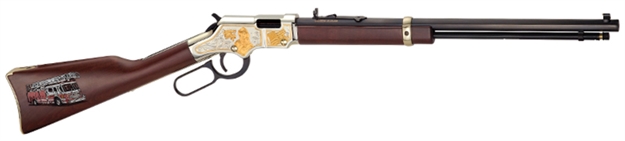 Picture of  Henry H004fm Golden Boy Firefighter Tribute 22 Short, 22 Long OR 22 LR Caliber With 16 Lr/21 Short Capacity, 20" Blued Barrel, Nickel-Plated Metal Finish & American Walnut Stock Right Hand (Full Size) 619835016171
