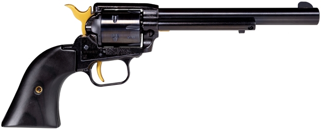 Picture of  Heritage Mfg Rr22b6-Gld Rough Rider  22 LR 6 Shot 6.50" Black Oxide Alloy Steel Barrel, Black W/Gold Accents Steel Frame, Black Oxide Cylinder, Black Laminate Wood Grip, Manual Safety, Exposed Hammer 727962707074