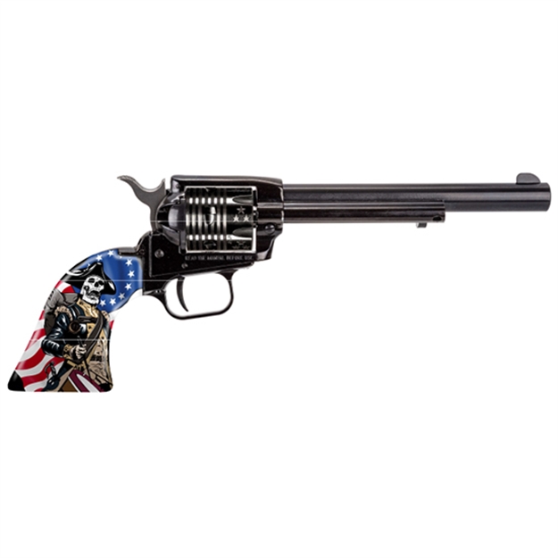 Picture of  Heritage Mfg Rr22b6ecss Rough Rider Independence Day 22 LR 6 Shot 6.50" Black Oxide Barrel & Frame, Black Oxide W/Engraved US Flag Cylinder, Custom Designed US Flag W/Soldier Grips
