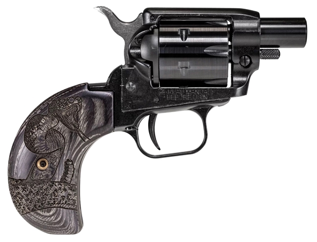 Picture of  Heritage Mfg Bk22b1bhwbrn2 Barkeep Boot 22 LR 6 Shot, 1.68" Black Steel Barrel, Black Oxide Zinc Alloy Frame, Black Cylinder Wood Engraved Birdshead Grip, Hammer/Thumb Safety, Exposed Hammer