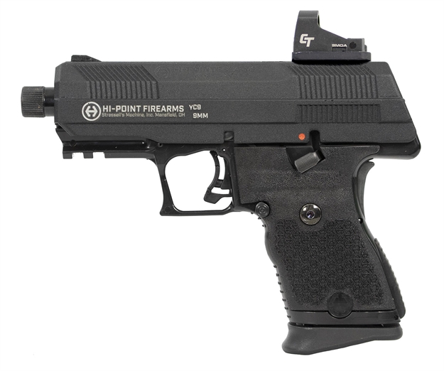 Picture of  Hi-Point Yc9rdct Yc9 W/Red Dot 9Mm Luger 10+1 4.12" Black Steel Threaded Barrel, Black Yc9 Styled/Serrated Slide, Black Polymer Frame W/Picatinny Rail,  Black Plastic Grips, Crimson Trace Red Dot