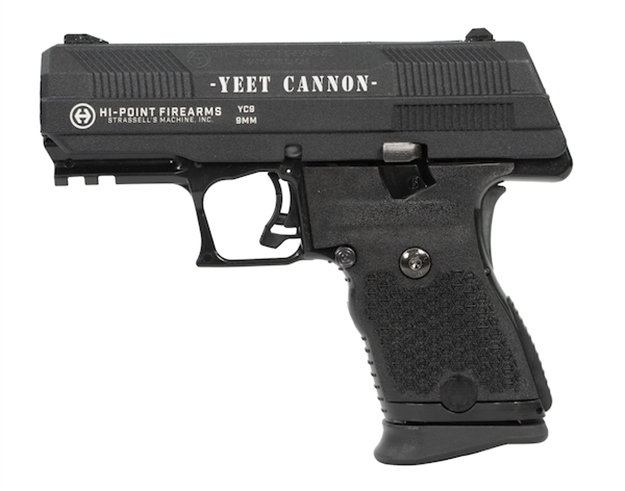 Picture of  Hi-Point Yc9yeet Yc9  9Mm Luger 10+1 4.12" Black Steel Threaded Barrel, Black W/Engraved "Yeet Cannon" Yc9 Styled/Serrated Slide, Black Polymer Frame W/Picatinny Rail, Black Plastic Grips 752334900630