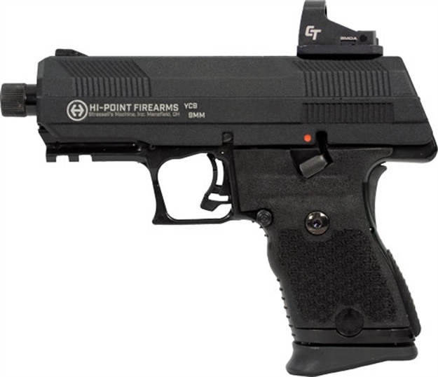 Picture of  Hi-Point Yc9rdct Yc9 W/Red Dot 9Mm Luger 10+1 4.12" Black Steel Threaded Barrel, Black Yc9 Styled/Serrated Slide, Black Polymer Frame W/Picatinny Rail,  Black Plastic Grips, Crimson Trace Red Dot 752334900623