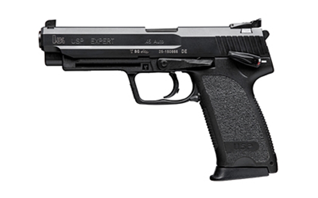 Picture of  Heckler & Koch 81000364 Usp Expert V1 Sa/Da 45 Acp Caliber With 5.19" Barrel, 12+1 Capacity, Overall Black Finish, Serrated Trigger Guard Frame, Serrated Long Steel Slide & Polymer Grip Includes 2 Mags 642230260412