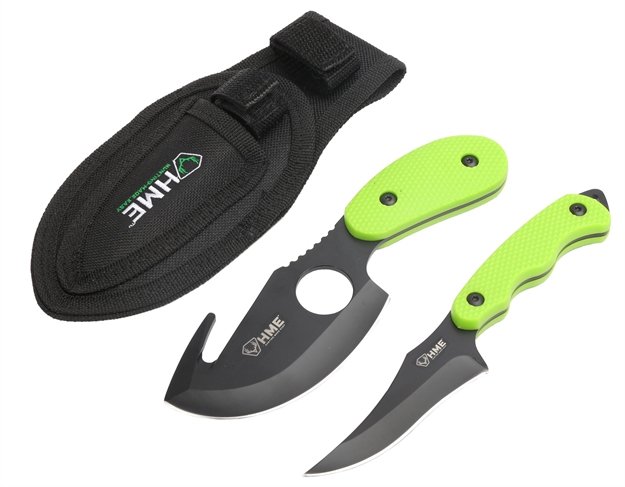 Picture of Hme Hmekn2psgc Skinning Kit  3.50" Fixed Skinner W/Gut Hook/Caping Plain/Gut Hook Black Oxide 420Hc Blade, Tpr Green Handle HME-KN-2PSGCK 888151019016
