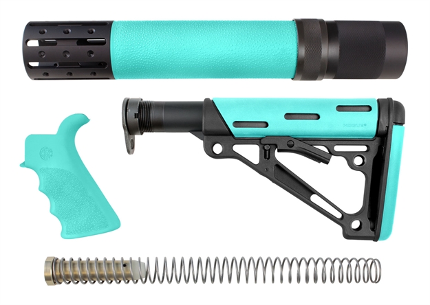 Picture of  Hogue 13478 Overmolded 3-Piece Kit Collapsible Aqua Overmolded Rubber Black & Aqua Rubber Grip, Rifle Length Forend Ar15, M16