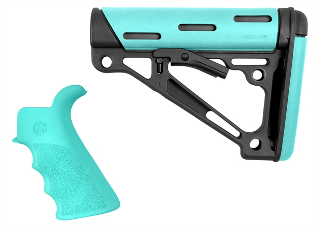 Picture of  Hogue 13455 Overmolded 2-Piece Kit Collapsible Aqua Overmolded Rubber Black & Aqua Rubber Grip For Ar15, M16 With Commercial Tube (Tube Not Included) 743108134559