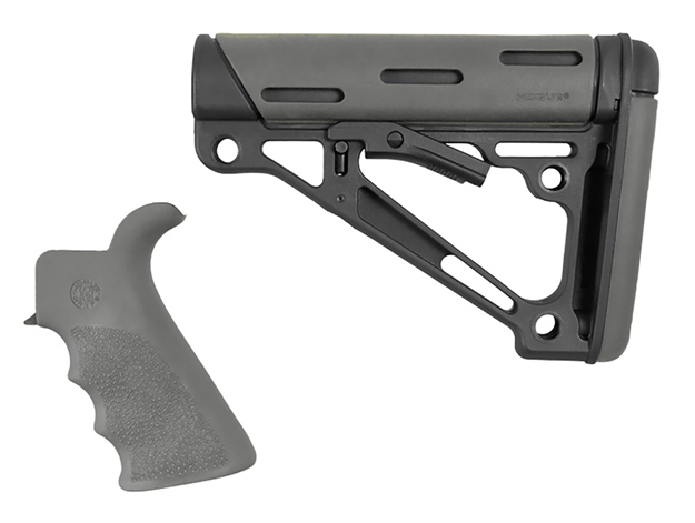 Picture of  Hogue 15556 Overmolded Collapsible Buttstock Black Synthetic & Slate Gray Overmolded Rubber Stock Slate Gray Rubber Finger Grooved Grip For Ar-15, M16 With Mil-Spec Buffer Tube (Tube Not Included)