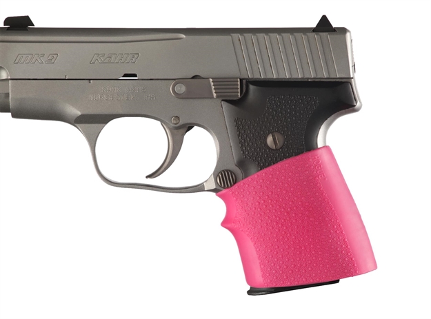Picture of  Hogue 18007 Handall Jr. Grip Sleeve Small Size Made OF Rubber With Textured Pink Finish & Finger Groove For Most 22, 25 & 38 Pistols 743108180075